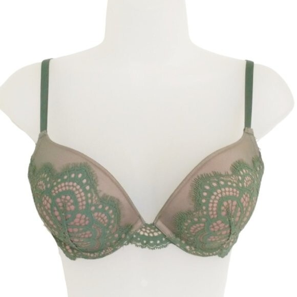 Victoria's Secret 32D Dream Angels Demi Push Up Bra Lacey Olive Green Lace - Picture 2 of 8